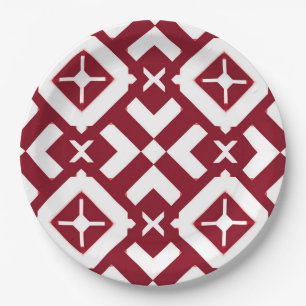 Abstract Red and White Geometric Pattern Paper Plate