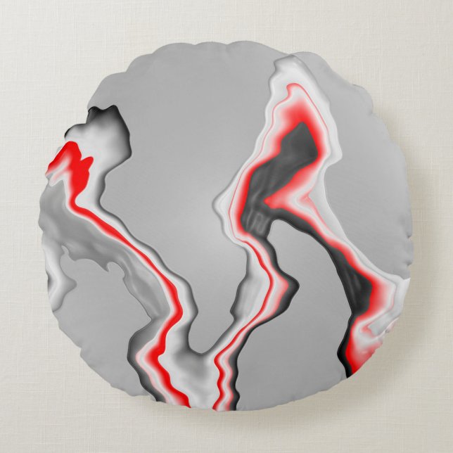 Abstract red black and white wave, zigzag pattern, round pillow (Front)