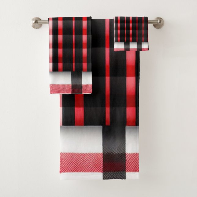Abstract Red Black Plaid Modern Collection Bath Towel Set (Insitu)