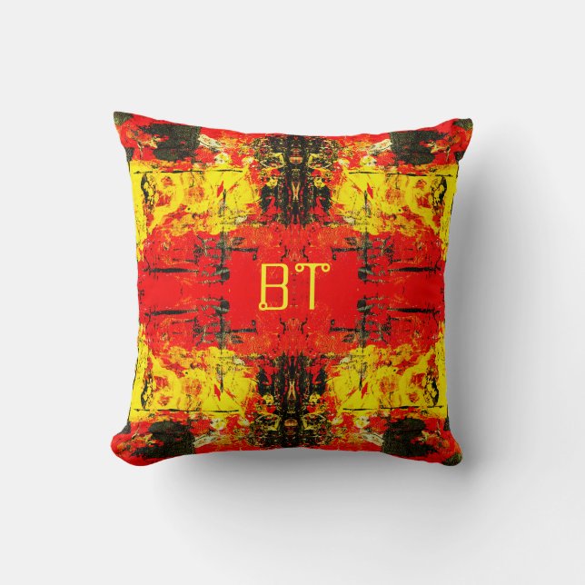 Abstract Red Black Yellow Glitter Custom Initials Throw Pillow (Front)