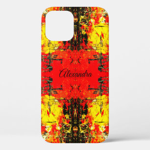 Abstract Red Black Yellow Glitter Customized Name iPhone 12 Case