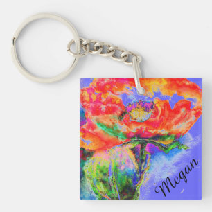 Abstract red floral watercolor painting red poppy keychain