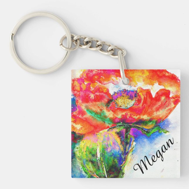 Abstract red floral watercolor painting red poppy  keychain (Front)