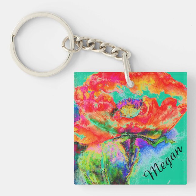 Abstract red floral watercolor painting red poppy  keychain (Front)