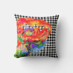 Abstract red floral watercolorhoundstooth pattern throw pillow