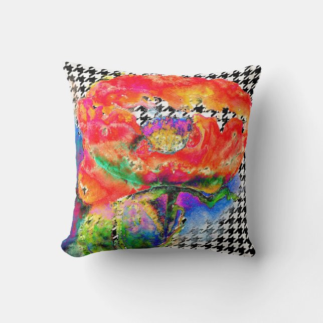 Abstract red floral watercolorhoundstooth pattern throw pillow (Front)