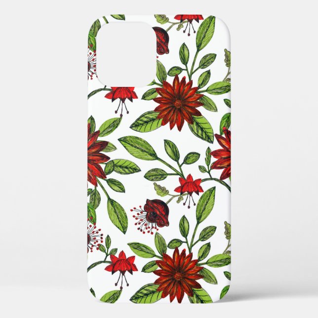 abstract red flowers and green leaves on white bac Case-Mate iPhone case (Back)