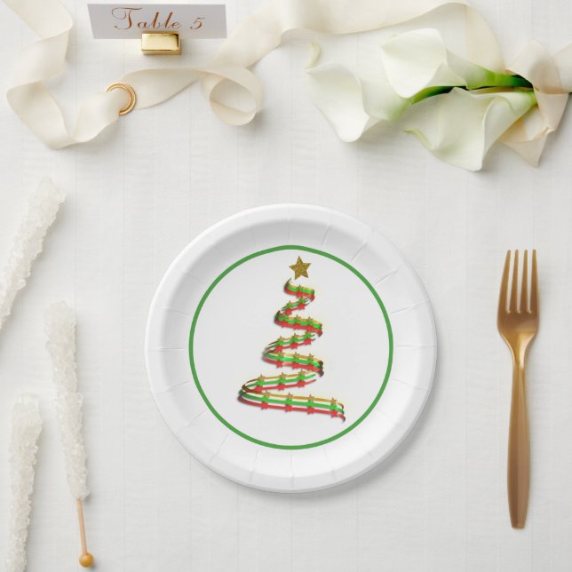 Abstract Red Green Gold Ribbon Christmas Tree Paper Plate (Wedding)