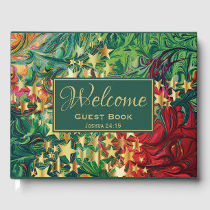 Abstract Red Green Gold Stars Personalized WELCOME Guest Book