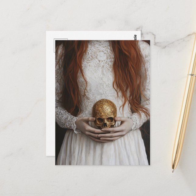 Abstract Red haired Woman With a Skull Postcard (Front/Back In Situ)