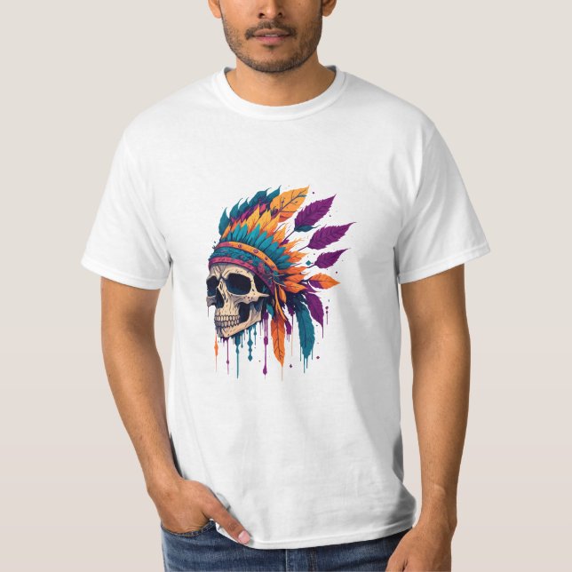 Abstract Red Indian SKull Colour Splash Design T-Shirt (Front)