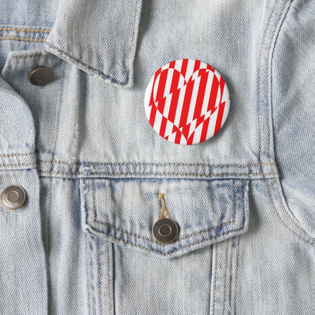 Abstract Red n White Stripes Valentine Heart 2 Inch Round Button (In Situ)
