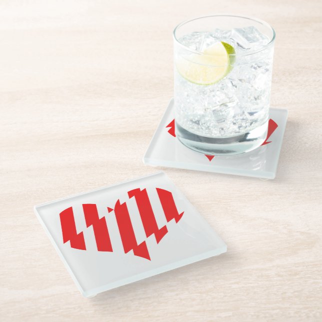 Abstract Red n White Stripes Valentine Heart Glass Coaster (Angled)
