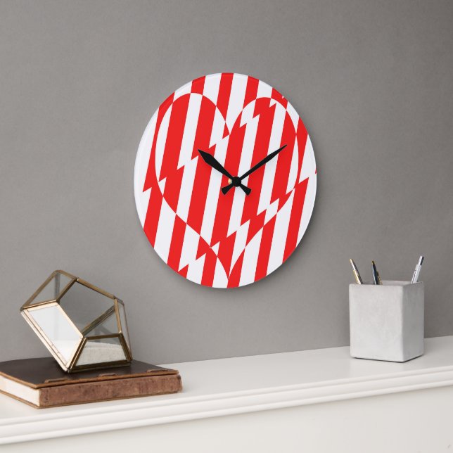 Abstract Red n White Stripes Valentine Heart Large Clock (Office)