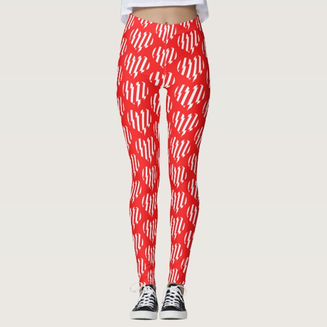 Abstract Red n White Stripes Valentine Heart Leggings (Front)
