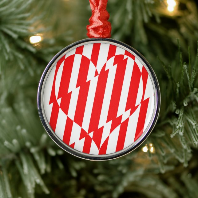 Abstract Red n White Stripes Valentine Heart Metal Ornament (Tree)