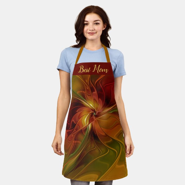 Abstract Red Orange Brown Green Flower Best Mom Apron (Worn)