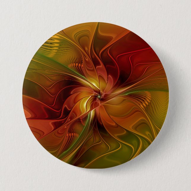 Abstract Red Orange Brown Green Fractal Art Flower 3 Inch Round Button (Front)