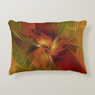 Abstract Red Orange Brown Green Fractal Art Flower Accent Pillow