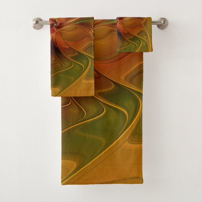 Abstract Red Orange Brown Green Fractal Art Flower Bath Towel Set (Insitu)
