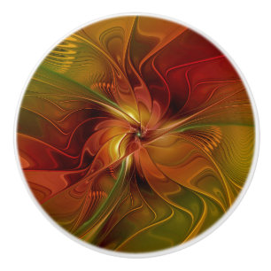 Abstract Red Orange Brown Green Fractal Art Flower Ceramic Knob