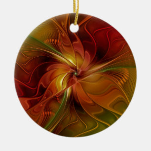 Abstract Red Orange Brown Green Fractal Art Flower Ceramic Ornament