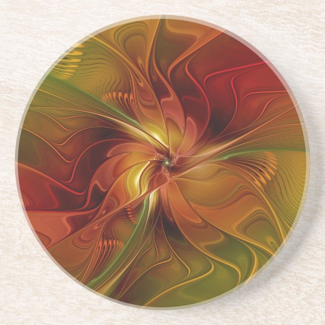 Abstract Red Orange Brown Green Fractal Art Flower Coaster (Front)