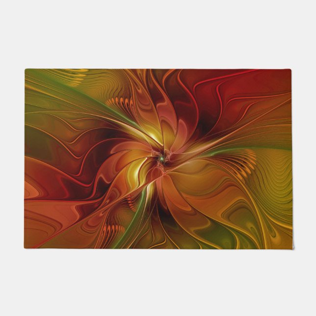 Abstract Red Orange Brown Green Fractal Art Flower Doormat (Front)