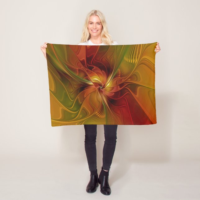 Abstract Red Orange Brown Green Fractal Art Flower Fleece Blanket (In Situ)