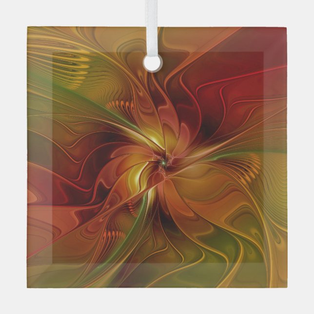 Abstract Red Orange Brown Green Fractal Art Flower Glass Ornament (Front)