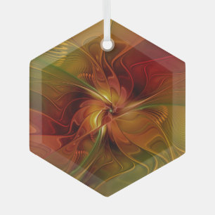 Abstract Red Orange Brown Green Fractal Art Flower Glass Ornament