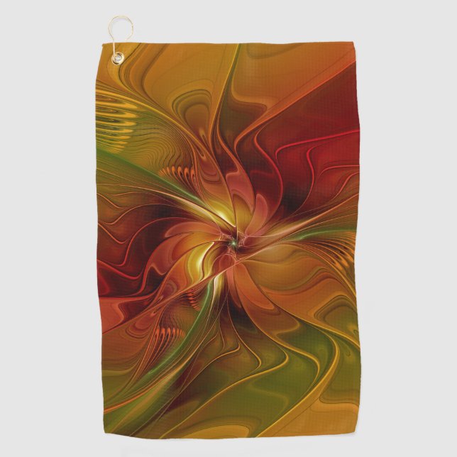 Abstract Red Orange Brown Green Fractal Art Flower Golf Towel (Front)