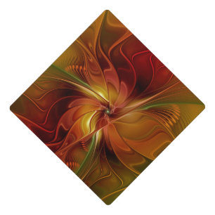 Abstract Red Orange Brown Green Fractal Art Flower Graduation Cap Topper