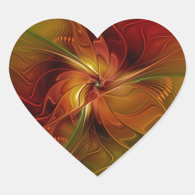 Abstract Red Orange Brown Green Fractal Art Flower Heart Sticker (Front)