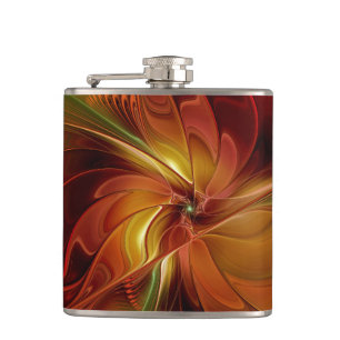 Abstract Red Orange Brown Green Fractal Art Flower Hip Flask