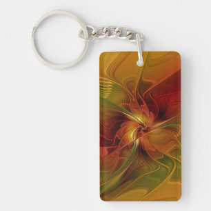 Abstract Red Orange Brown Green Fractal Art Flower Keychain