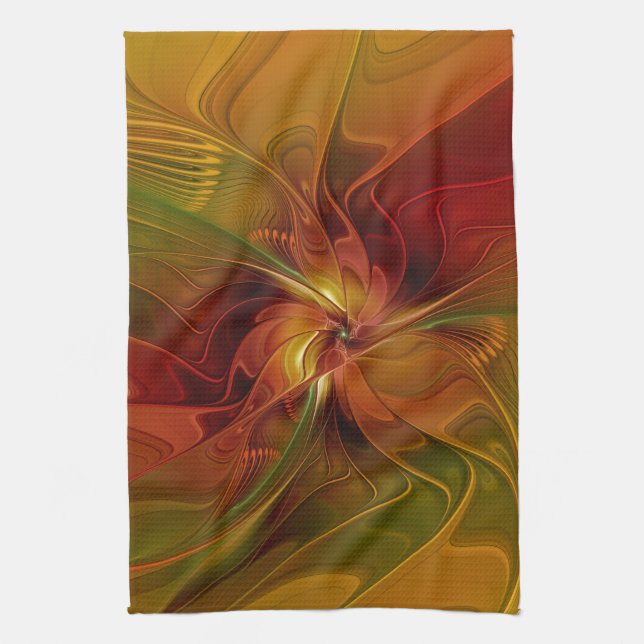Abstract Red Orange Brown Green Fractal Art Flower Kitchen Towel (Vertical)