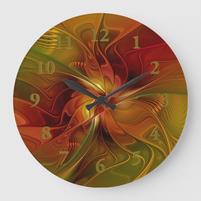 Abstract Red Orange Brown Green Fractal Art Flower Large Clock (Front)