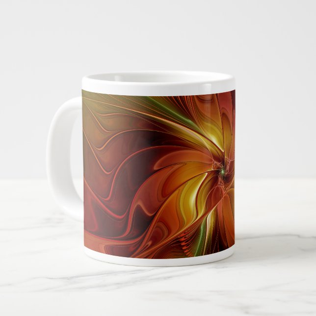 Abstract Red Orange Brown Green Fractal Art Flower Large Coffee Mug (Front Left)