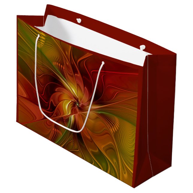 Abstract Red Orange Brown Green Fractal Art Flower Large Gift Bag (Front Angled)