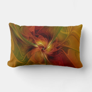 Abstract Red Orange Brown Green Fractal Art Flower Lumbar Pillow