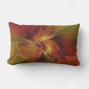Abstract Red Orange Brown Green Fractal Art Flower Lumbar Pillow