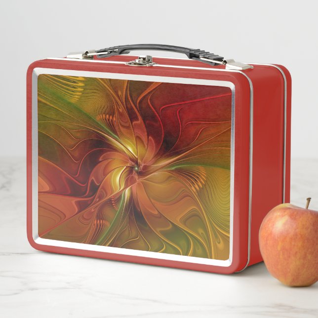 Abstract Red Orange Brown Green Fractal Art Flower Metal Lunch Box (In Situ)