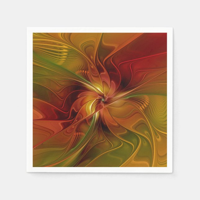 Abstract Red Orange Brown Green Fractal Art Flower Napkin (Front)