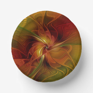 Abstract Red Orange Brown Green Fractal Art Flower Paper Plate