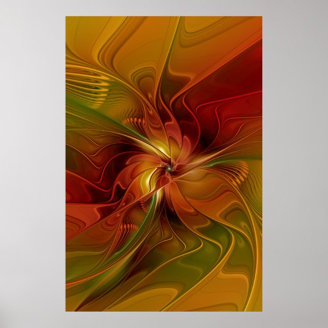 Abstract Red Orange Brown Green Fractal Art Flower Poster (Front)