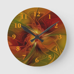 Abstract Red Orange Brown Green Fractal Art Flower Round Clock