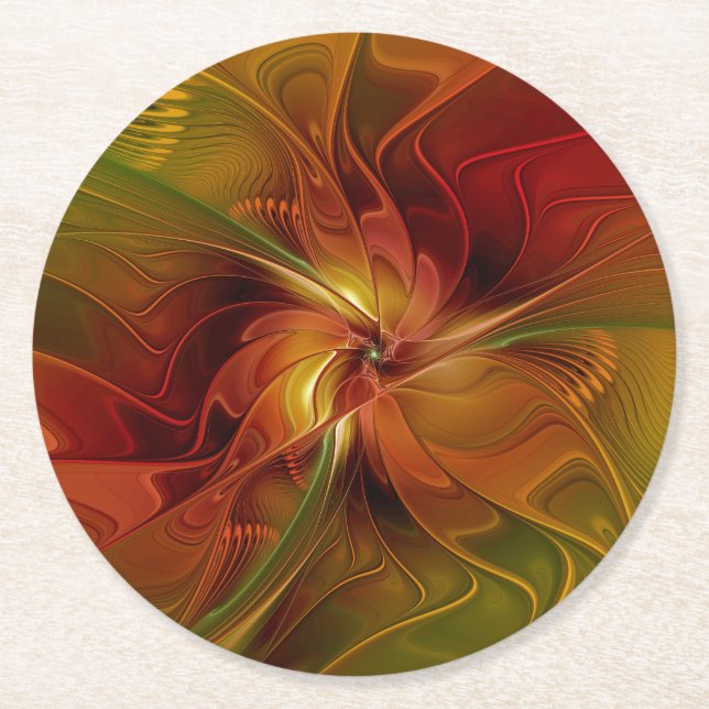 Abstract Red Orange Brown Green Fractal Art Flower Round Paper Coaster (Front)