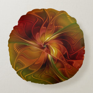 Abstract Red Orange Brown Green Fractal Art Flower Round Pillow