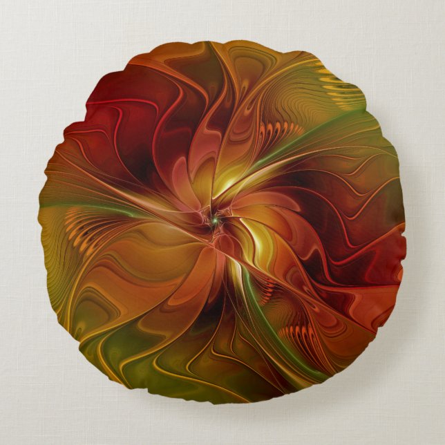 Abstract Red Orange Brown Green Fractal Art Flower Round Pillow (Front)